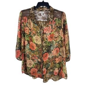 Dressbarn Woman 3X Sheer Floral Snake Print Blouse Lace Yoke Boho Peasant Top